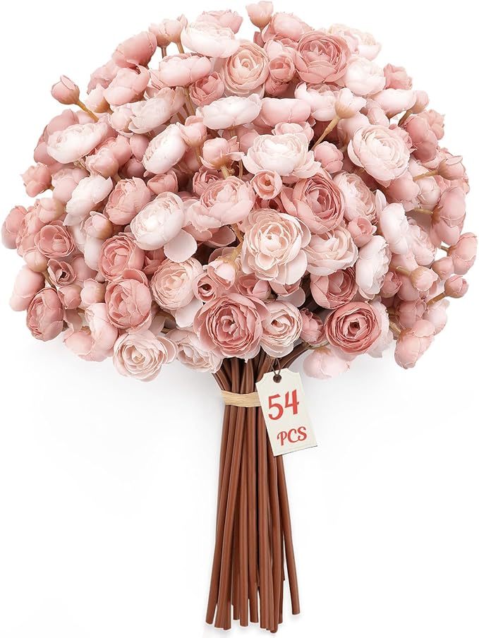 Alupssuc 54Pcs Ranunculus Artificial Flowers Faux Silk Mini Ranunculus, Spring Flowers Artificial Indoor for DIY Bouquets, Bulk Fake Wedding Filler Flowers for Bride Shower Decorations, Dusty Rose