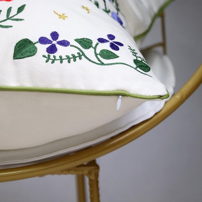 Set of 2 Embroidered Decorative Throw Pillow Covers Couch Square Pillowcases Cushion for Bedroom Sofa Farmhouse Decor 18x18 Inch (Flower-C)