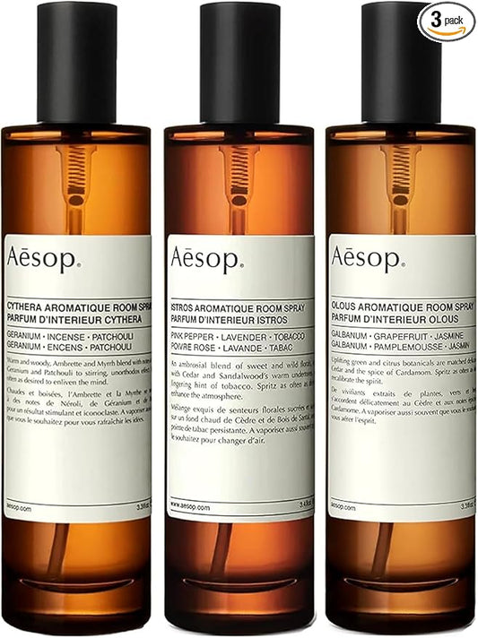 Aesop Room Spray Set - Olous, Cythera & Istros | Luxury Aromatic Home Fragrance | Fresh, Woody & Floral Scents | Long-Lasting Room & Linen Spray | 3.4oz each (3PK)