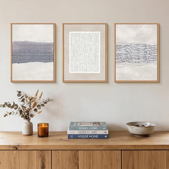HOURIA Blue White Abstract Neutral Framed Canvas Wall Art Set,Minimalist Boho Waves Lines Wall Decor,Modern Geometric Shapes Print,Mid Century Grunge Artwork for Living Room,Bedroom,Office- 12"x16"x3