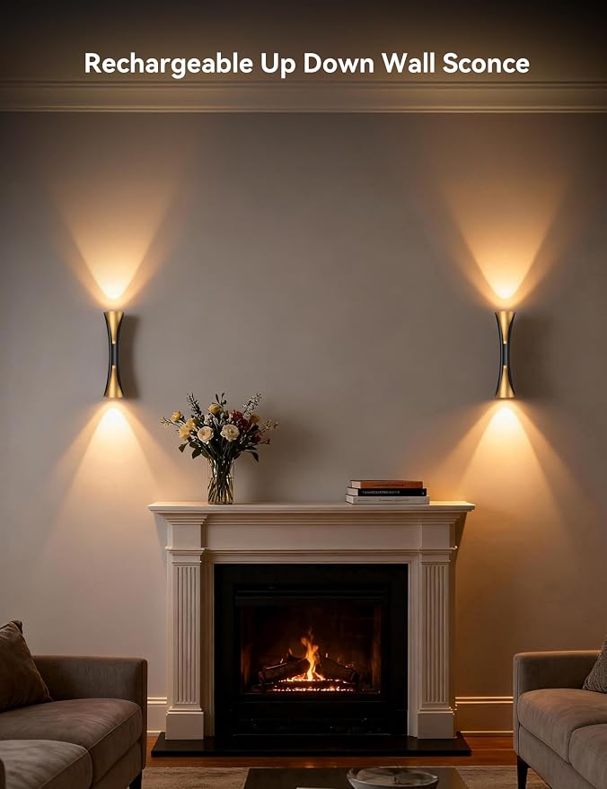 Tubicen Battery Operated Wall Sconce with Remote Art Deco Cordless Sconces | 3-Color Dimmable Movie Theater Lights 9000mAh Rechargeable Up Down Accent Wall Light for Living Room Bedroom Black and Gold