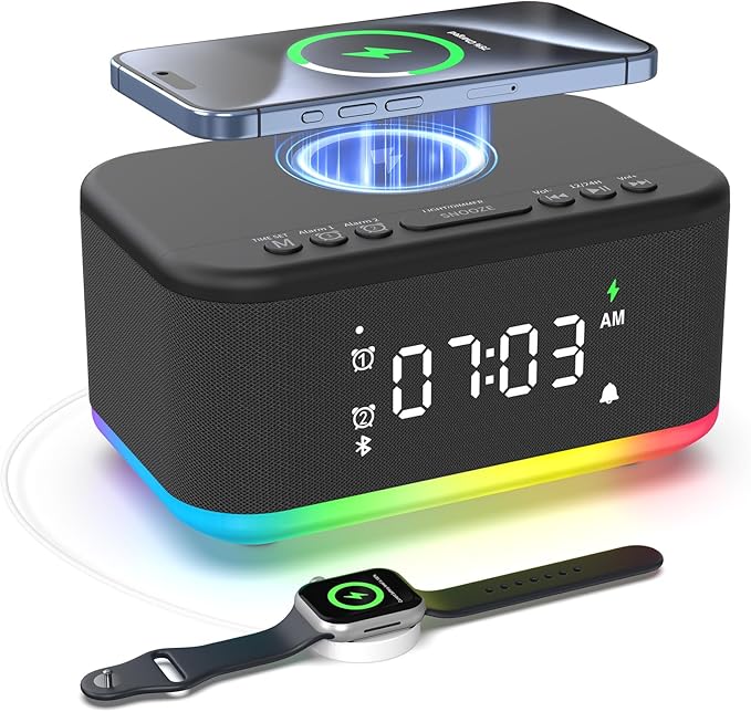 Wireless Charging Alarm Clock Bedroom, Digital Alarm Clocks Bedrooms Bluetooth, Loud Bluetooth Speaker Alarm Clock Night Light Dual Alarm Snooze 12/24H Dimmer Bluetooth AUX USB Charging, Black