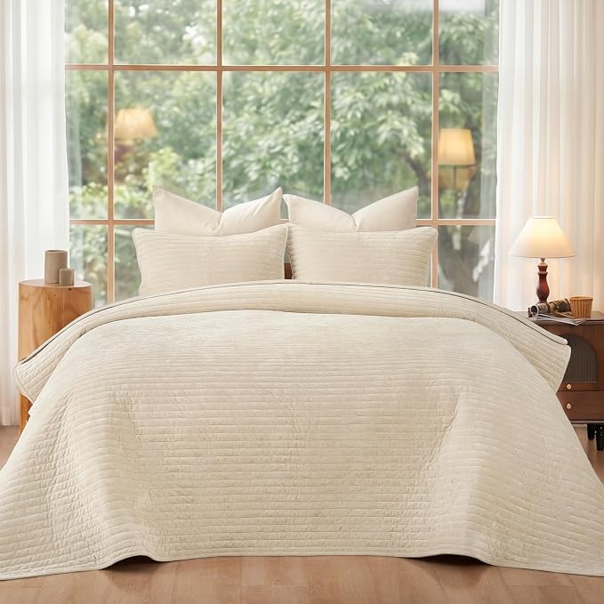 PHF Luxury Velvet Quilt Set Twin Size – 2PCS Ultra Soft Quilted Comforter Alternative with Striped Channel, Cozy Quilted Bedspread, 1 Coverlet with 1 Matching Sham, 68" x 92", Sand