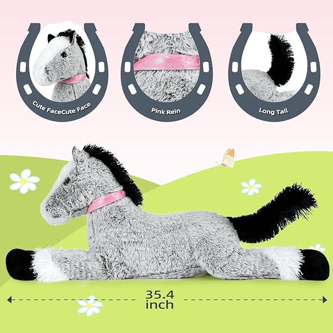 MaoGoLan Large Horse Stuffed Animal for Boy, Big Horse Plush Toy for Girl, Ridable Stuffy Pony for Kid, Stuffed Pony Plush Pillow for Easter Birthday Gifts or Party Favor, 33 inches, Gray