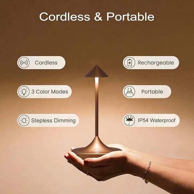 Rechargeable Cordless Table Lamp, Battery Operated LED Lamps | 3-Color Stepless Dimmable, Portable IP54 Waterproof Outdoor Lamps for Patio Dining Bar Home Office (2-Pack Mocha MINI)