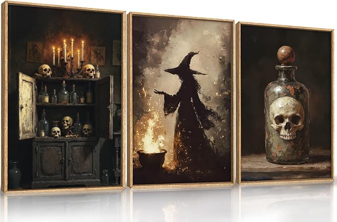 HPNIUB Halloween Witch Framed Canvas Wall Art Set, Terrifying Skeleton Poster Artwork, Vintage Halloween Wall Decor, Dark Academia Gothic Pictures for Bedroom Living Room Bathroom Party-24 x36 x3