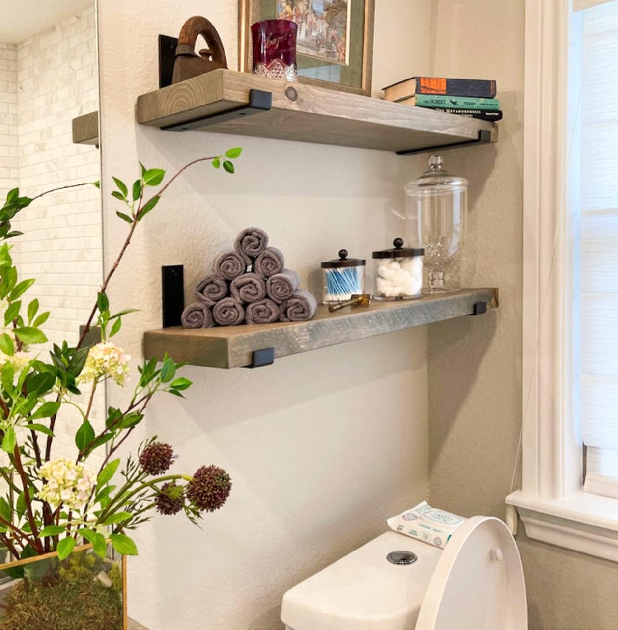 Rustic Shelves with J-Brackets Set of 2, Industrial Shelf, Kitchen Shelves, Solid Wood, Decorative Wall Storage, Heavy Duty, URBANDI (Grey, 36Wx6D)