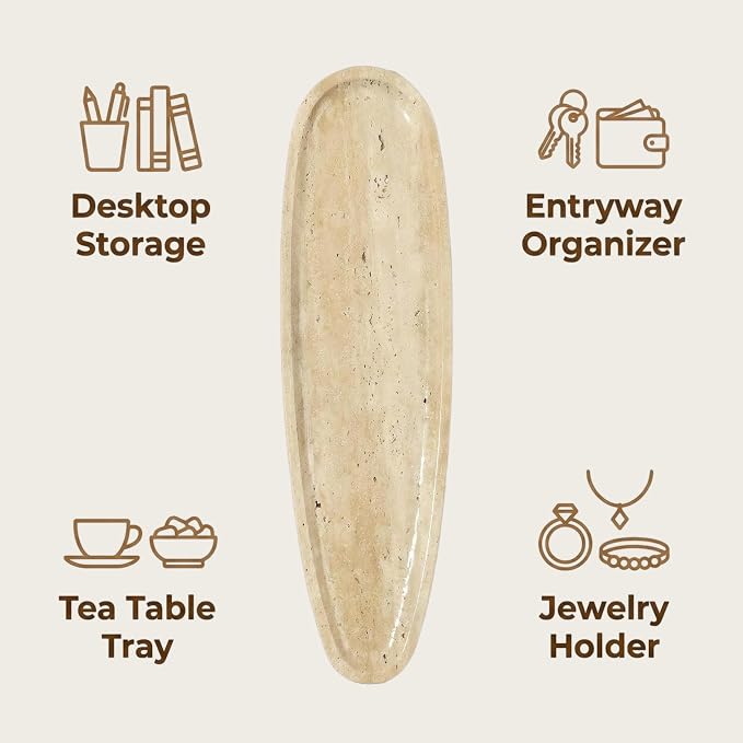 Natural Travertine Vanity Tray, 16.6"x4.6" Real Marble Decorative Tray for Bathroom Countertop & Home Decor, Catchall Organizer for Jewelry, Candles, Cosmetics & Perfume（Travertine）