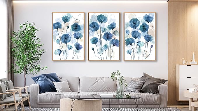 Large Flowers Wall Art for Living Room Natural Wood Float Framed Art Set of 3 Blue Floral Canvas Pictures Abstract Artwork Blossom Canvas Prints for Bedroom Kitchen Home Office Wall Decor 20"X28"X3