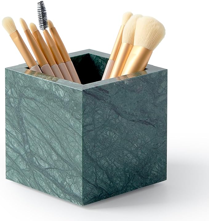 Real Luxurious Natural Marble Toothbrush Holder & Makeup Brush Organizer & Pen Holder for Desk,3.93inch Square Marble Utensil Holder Non-Ceramic/Non-Resin （Green）