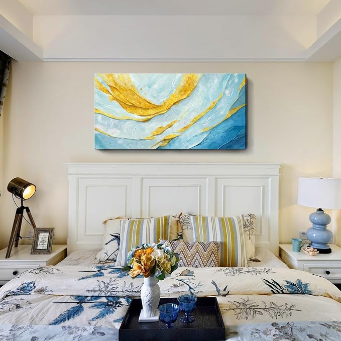 Nicetop Modern Large Abstract Wall Art – Blue and Yellow Flowing Lines Canvas Prints Contemporary Coastal Artwork Horizontal Decorative Wall Picture for Living Room Bedroom Home Office Decor 48x24 Inch