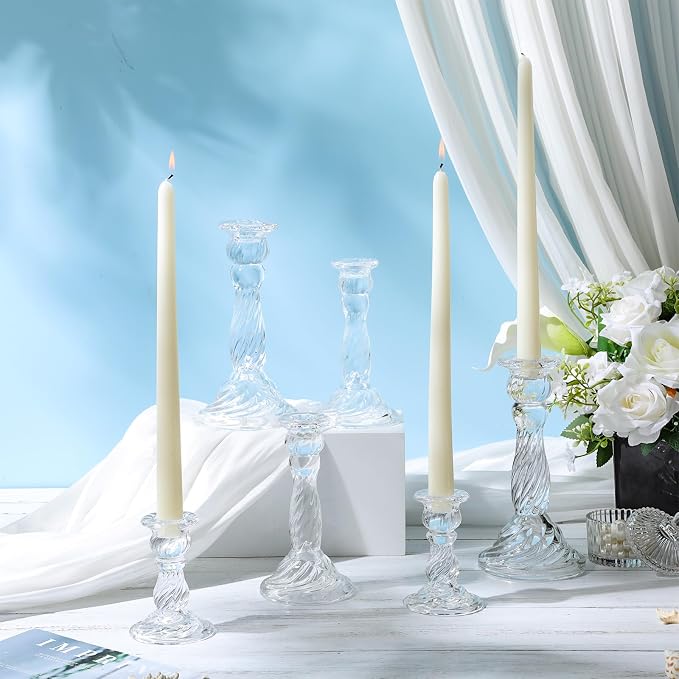 Mumufy 24 Pack Glass Taper Candle Holders Clear Candlestick Holder Fit 0.8 Inch Candles 4'' 6'' 8'' Tall Crystal Decorative Candlestick Stand Centerpiece for Table Wedding Dining Party (Vertical)