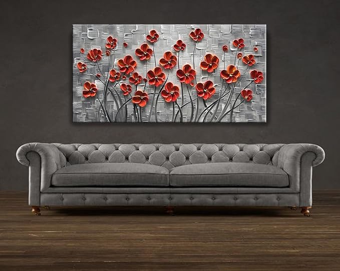 YaSheng Art - 48x24inch Canvas Wall Art, Hand Painted Oil Painting Wall Art ,Abstract 3D Texture Wall Art Pictures, Red Floral Paintings, Modern Home Bedroom Wall Art Decor, Wall Art for living room, Large Framed oil painting.