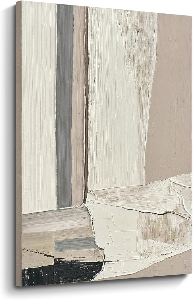 Modern Abstract Neutral Canvas Wall Art, Textured Painting for Living Room | Hand-Painted White Beige Gray Composition Artwork for Bedroom Office Hallways,Large Geometric Wall Decor Ready to Hang 24x36"