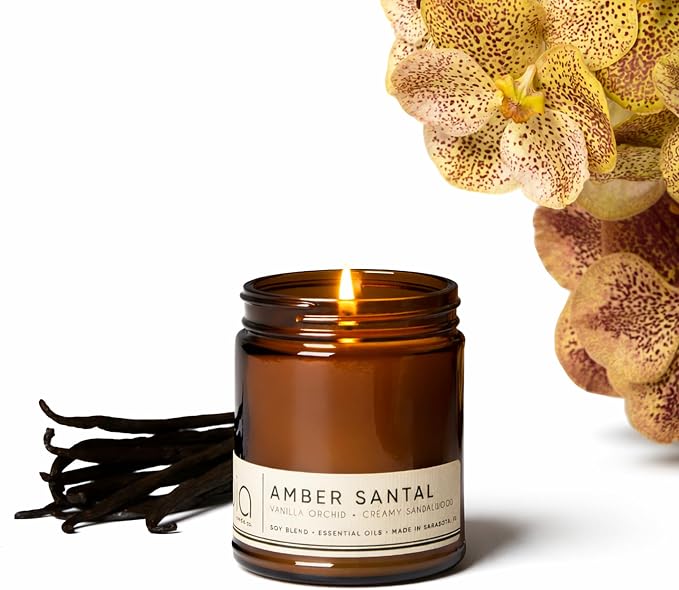 Bia Candle Co Amber Santal Soy Candle, Sandalwood Amber Vanilla Scent, Perfume Inspired, Hand Poured USA, High Fragrance Load, Lead-Free Wick, Reusable Glass Jar, Warm Romantic, 7 oz
