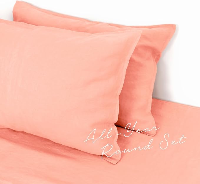 Linen World Linen Pillow Cases King Size - 20"x40" Set of 2,100% French Flax Pillowcase,Soft Breathable Natural Pillow Covers,Peach