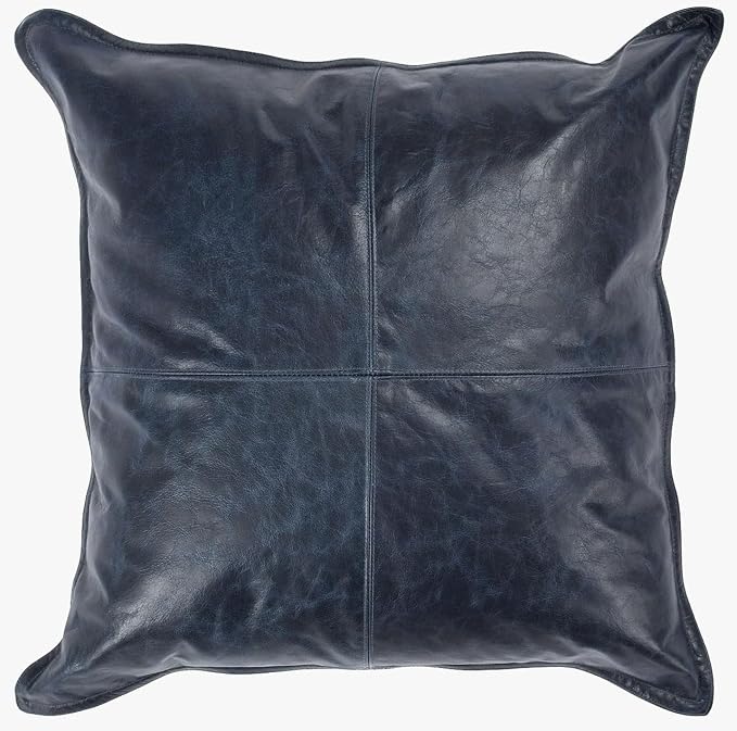 Genuine Leather Pillow Cover Case for Lumbar Throw Couch Pillows - Farmhouse Decorative Modern Sofa Thick & Soft Cushion Covers (Nightfall Blue, 22" x 22")