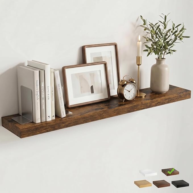 48 Inch Floating Shelves for Wall, 8"D Wood Storage Shelves, Brown Finish | Engineered Wood, Invisible Bracket, Large Storage, Easy Install, Hold Up to 77lbs, Living Room, Bathroom, Bedroom, Kitchen