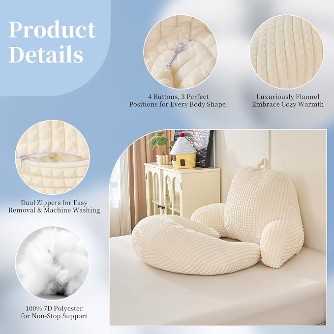 17" Reading Pillow for Bed,U Shaped Arm & Elbow Support,White Flannel | Backrest Supports Back,U shaped Lap Pillow Cushions Arms,Elbows & Wrists,Soft Flannel for Reading,Gaming,Watching TV