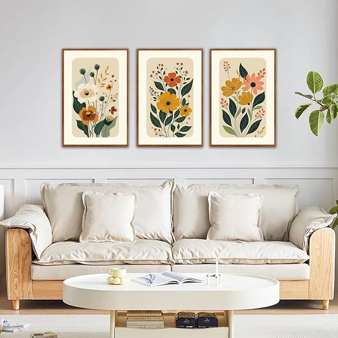 LHIUEM Boho Floral Botanical Framed Canvas Wall Art Set,Abstract Vintage Beige Wall Decor,Minimalist Wildflowers Artwork for Living Room,Bedroom,Dining Room,Office -24"x36"x3