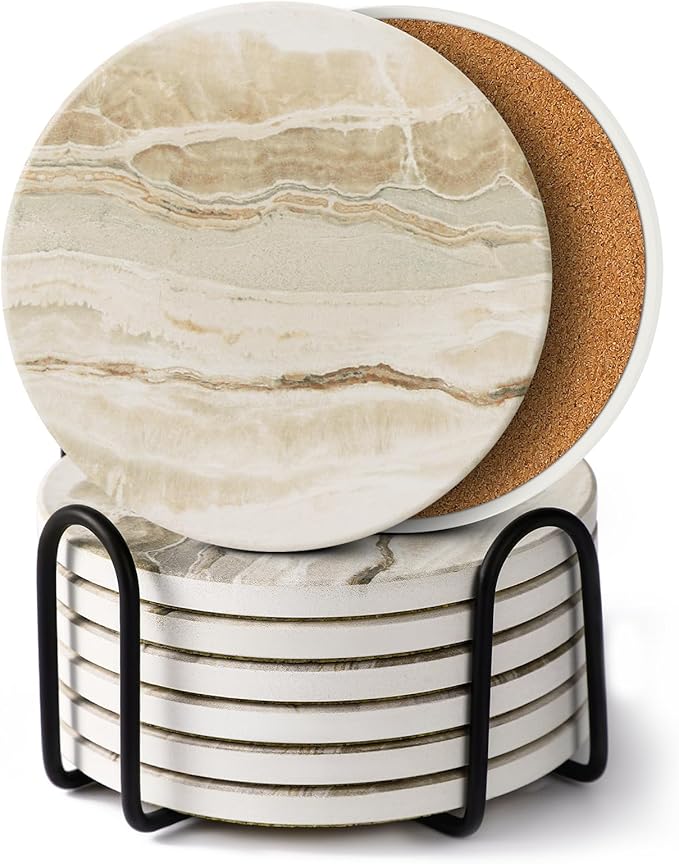 LlFVER Coasters Set of 8, Absorbent Drink Coaster with Holder, Marble Style Ceramic Stone Coasters for Drinks Coffee Tabletop Protection, Modern Furniture Coaster for Home Decor House Warming Gifts