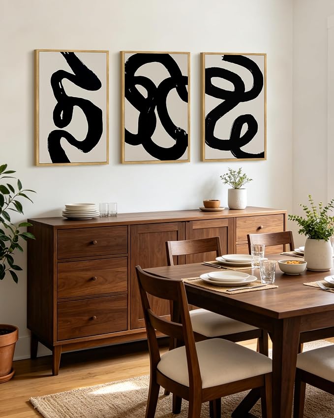 PHOPAGO Black Abstract Modern Framed Wall Art Large 16x24in Ink Wash Minimalist Thick Black Lines Paints Artwork Bedroom Living Room Home Decor - Natural Framed