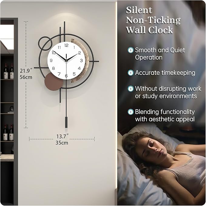 Wall Clock Decorative Modern Wall Clocks with Pendulum Silent Non-Ticking Quartz Clock Battery Operated Large Clock for Living Room,Kitchen,Home,Bathroom,Bedroom Wall Art Decor