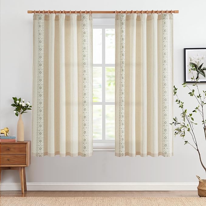 jinchan Weslie Boho Curtains for Bedroom Sage Green Vintage Floral Farmhouse Curtains 63 Inch Linen Drapes for Living Room Embroidered Light Filtering Drapes Rod Pocket Sage on Beige 2 Panels