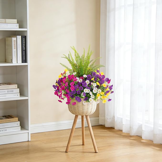 Artificial Flowers Fake Plants for Outdoors Decoration, 12 Bundles Silk Morning Glory with Boston Fern Realistic UV Resistant Faux Spring Flowers for Outside Planter Yard Patio Garden Home Indoor Urn