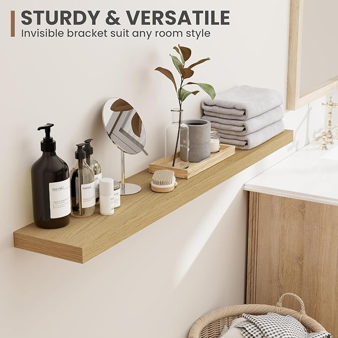 Acovy 72 Inch Floating Shelves, 8 Inch Deep Floating Shelves for Wall, Hanging Shelf with Invisible Brackets, Deep Shelves for Bathroom, Bedroom, Living Room, Oak, Set of 2