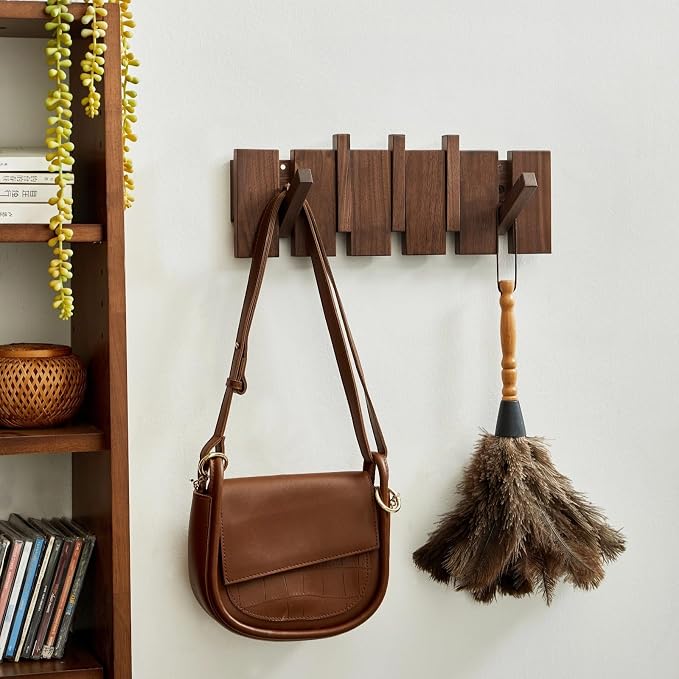 Wood Coat Rack Wall Mount - Large Walnut Piano Coat Rack wtih 5 Hooks for Hanging Clothes,Keys,Robes,Purse,Towels,Modern Decorative Wall hooks Heavy Duty Hanger Organizer for Bathroom/Bedroom/Entryway
