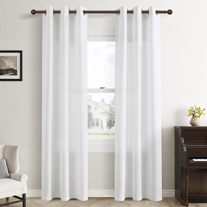 White Linen Grommet 84 Inch Curtains 2 Panels for Dining Living Room Light Filtering Boho Farmhouse Modern Neutral Cotton Drapes Semi Sheer Window Curtains for Bedroom 84 Inches Long 38 Inch Wide