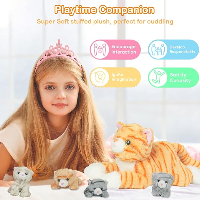 5 PCS Cat Stuffed Animal with Babies, Mommy Stuffed Orange Cat Toy with 4 Plush Kittens Inside Belly, Stuffed Kitty Plushies Toys for Kids Easter Stuffers Birthday Christmas Party Favors Gifts