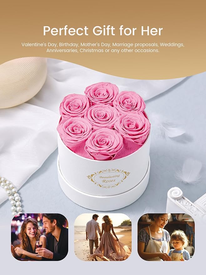 Beaulasting Long Lasting Preserved Roses in a Box Last a Year Forever Flowers for Her Mom Wife Anniversary Birthday (Round White Box, Pink)