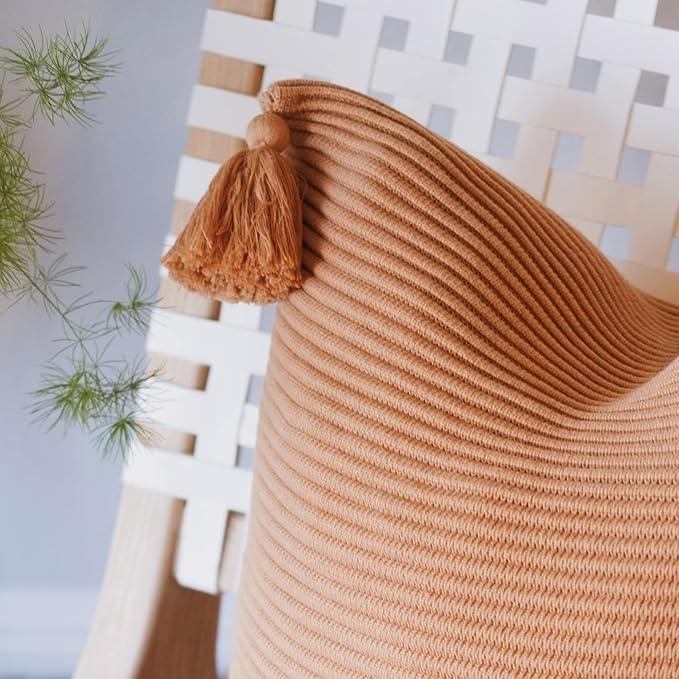 100% Soft Cotton Boho Throw Pillow Cover Ribbed Knit Texture with Handmade Tassels Cozy Decorative Accent (18x18, Baked Clay)