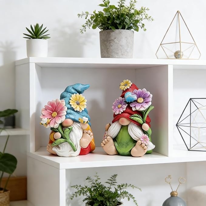 Hodao 2PCS Spring Flower Gnome Figurines Decorations - Resin Summer Gnomes Plush Decor for Indoor Garden Office, Cute Floral Gnome Ornaments Gift for Housewarming, Birthday, Holiday