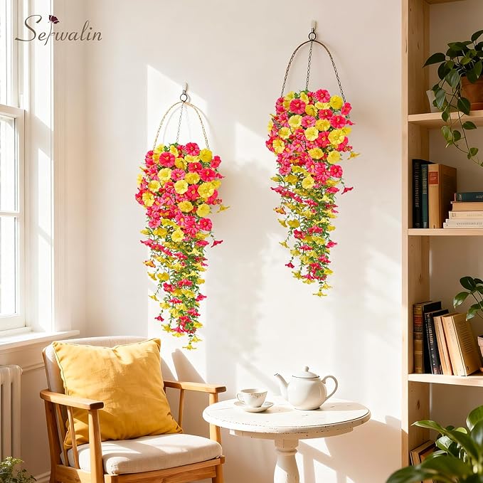 Serwalin Artificial Hanging Flowers for Outdoors UV Resistant, 8PCS Faux Morning Glory Fake Outdoor Flowers Realistic Silk Flower Faux Plants for Outside Planter Front Door Porch Patio Yard Decor