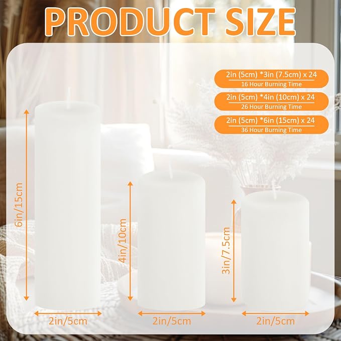 72-Pack White 2-Inch Wide Pillar Candles, Bulk Set of 3 Heights (3, 4, 6 Inch), Dripless Unscented Smokeless Hurricane Candles for Creating Warm Elegant Atmosphere at Weddings and Events.