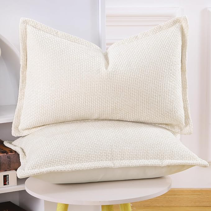 MADIZZ Decorative Chenille Velvet Throw Pillow Covers Set of 2 Soft Boho Textured Neutral Couch Throw Pillow for Bed Modern Farmhouse Home Decor for Sofa Livingroom Cream 12x20 Inch