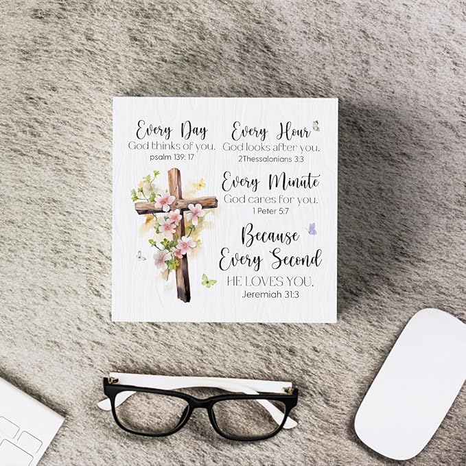 Every Day God Thinks Of You Wooden Box Sign Inspirational Cross Jesus Decor Prayers Religious Scripture Gifts for Women Men Mom Sister Friends Birthday Male Coworker 5 x 5 Inch