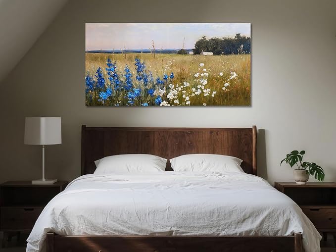 Ardemy Textured Vintage Countryside Canvas Wall Art - 48"x24" Large Framed Flower Field Painting, Serene Blue & White Wildflower Landscape Artwork for Living Room Bedroom Home Office Dining Room Decor