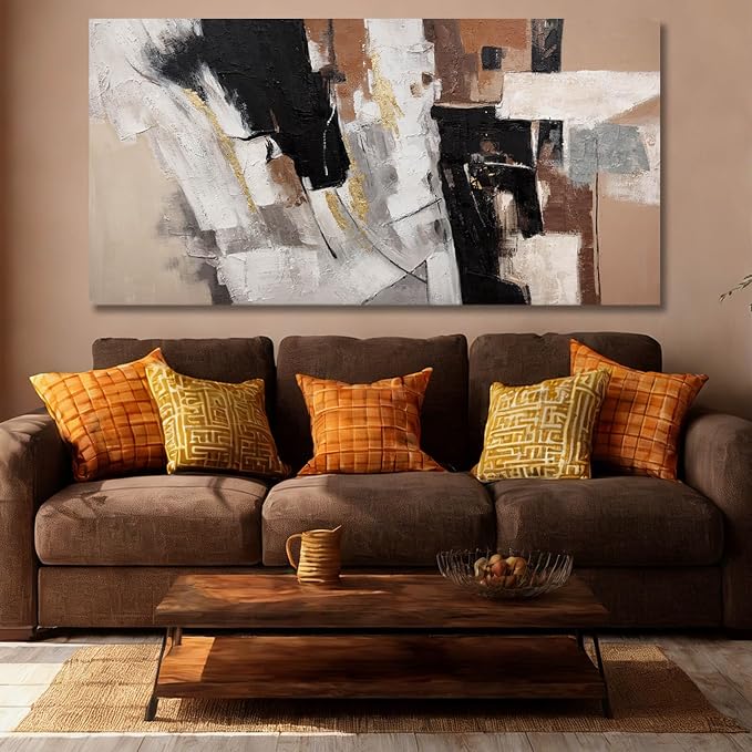 MLART99 Large Abstract Canvas Wall Art Black White Gold and Brown Geometric Painting Textured Modern Artwork for Bedroom Living Room Home Decor 29x58 Inch