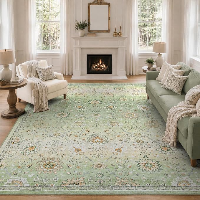 Lahome Flavie 5x7 Sage Green Rugs for Bedroom, Soft Boho Rug for Living Room, Machine Washable Floral Carpet Non Slip for Nursery Playroom Indoor