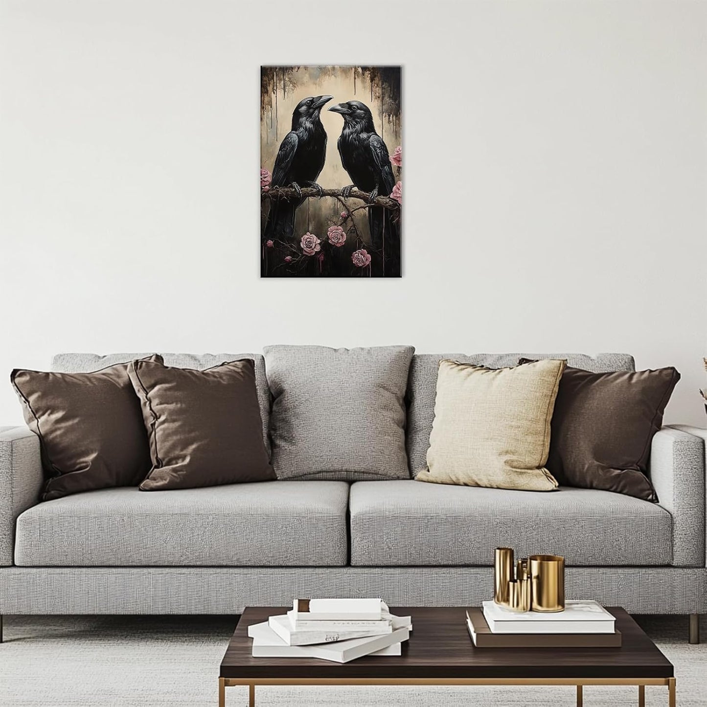 OAAPITI Crow Canvas Wall Art Black Raven Picture Print Pink Rose Poster Vintage Gothic Painting Artwork for Living Room Halloween Decor(Artwork-6,20"x30")