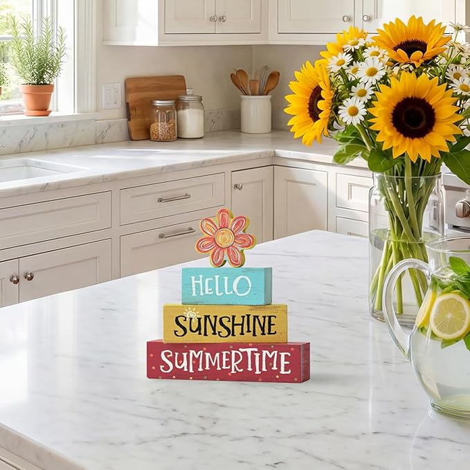 Smile 4 Pcs Summer Indoor Wooden Decor, Sunflowers Colorful Hello Sunshine Summer Tiered Tray Farmhouse Table Decoration for Home and Office
