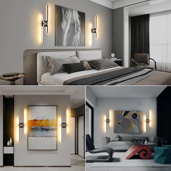 Battery Operated Wall Sconce with Remote Control, USB Rechargeable Wireless Wall Sconce Set of 2, LED Dimmable Wall lamp, 3 Color/Timer/Memory, Black Wall lights for Bedroom Living Room, 31.5 "