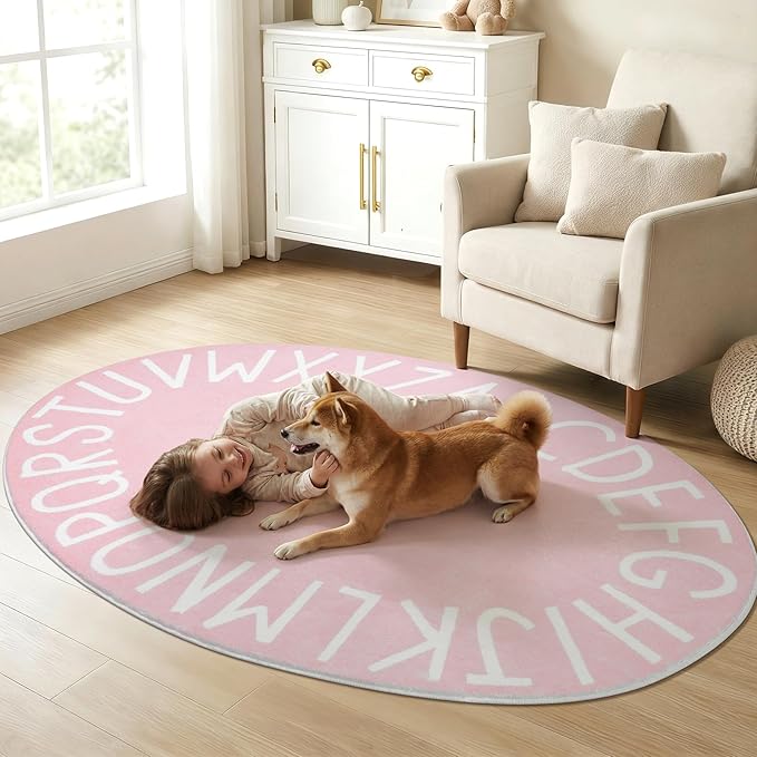 Topotdor Oval Kids Play Rug Alphabet Nursery Area Rug Extra Large Soft Crawling Play Mat for Children Toddlers Bedroom (47x70 inch, Pink)