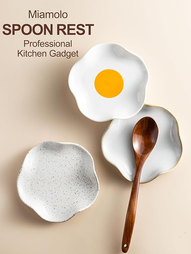 Miamolo Spoon Rest for Stove Top, Spoon Holder for Stove, 5.3In Ceramic Spoon Rest for Kitchen Counter, Coffee Spoon Holder with Ruffled Edge, Farmhouse Spatula Holder for Kitchen Decor, Beige