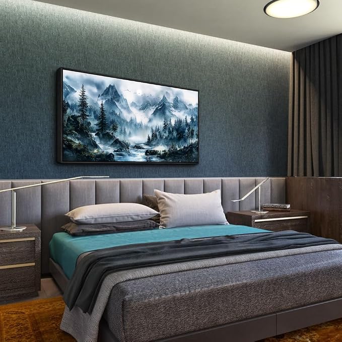 ERQINHUA Large Wall Decor For Bedroom Black Framed Canvas Wall Art For Living Room Office Decorations Misty Forest Wall Paintings Tree Landscape Pictures Artwork Modern Home Decor 30x60 Inches