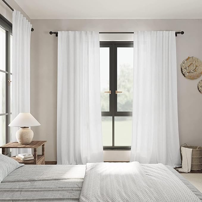 White Linen Sheer Curtains 102 Inches 2 Panels Set Back Tab Rod Pocket Extra Long Semi Sheer Light Filter Vintage Curtain Drapes Room Decor Aesthetic Curtains for Living Room High Window 42x102